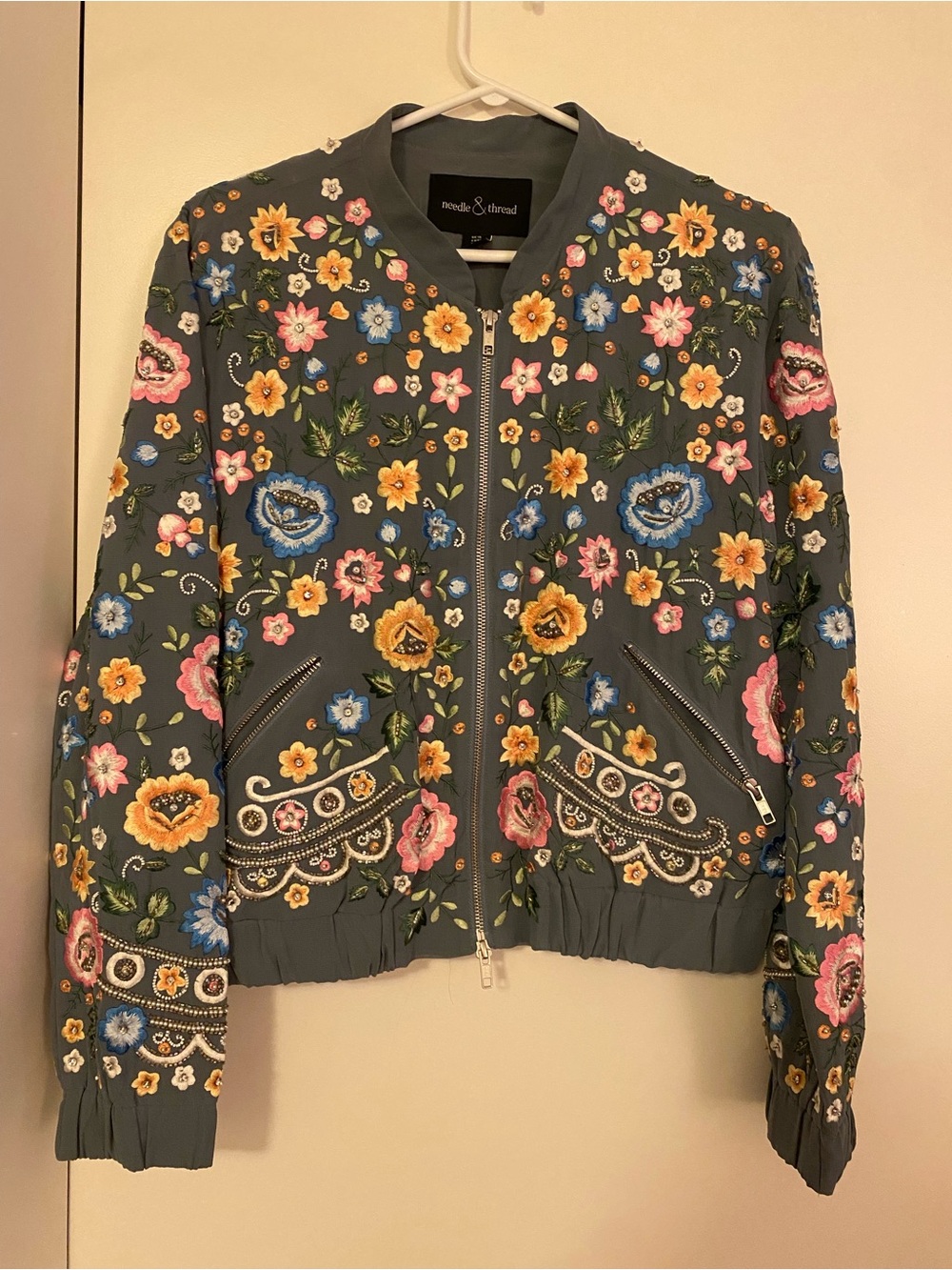 Needle & Thread - Blue Floral Embroidered Bomber Jacket